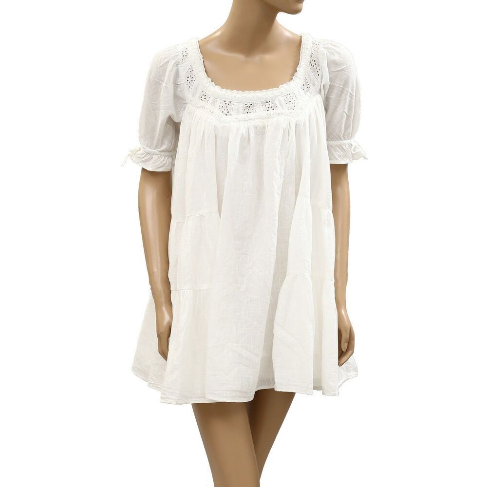 Free People Sandy Shores Babydoll Mini Dress Eyelet Puff Sleeve Solid XS 287320 - Picture 6 of 10